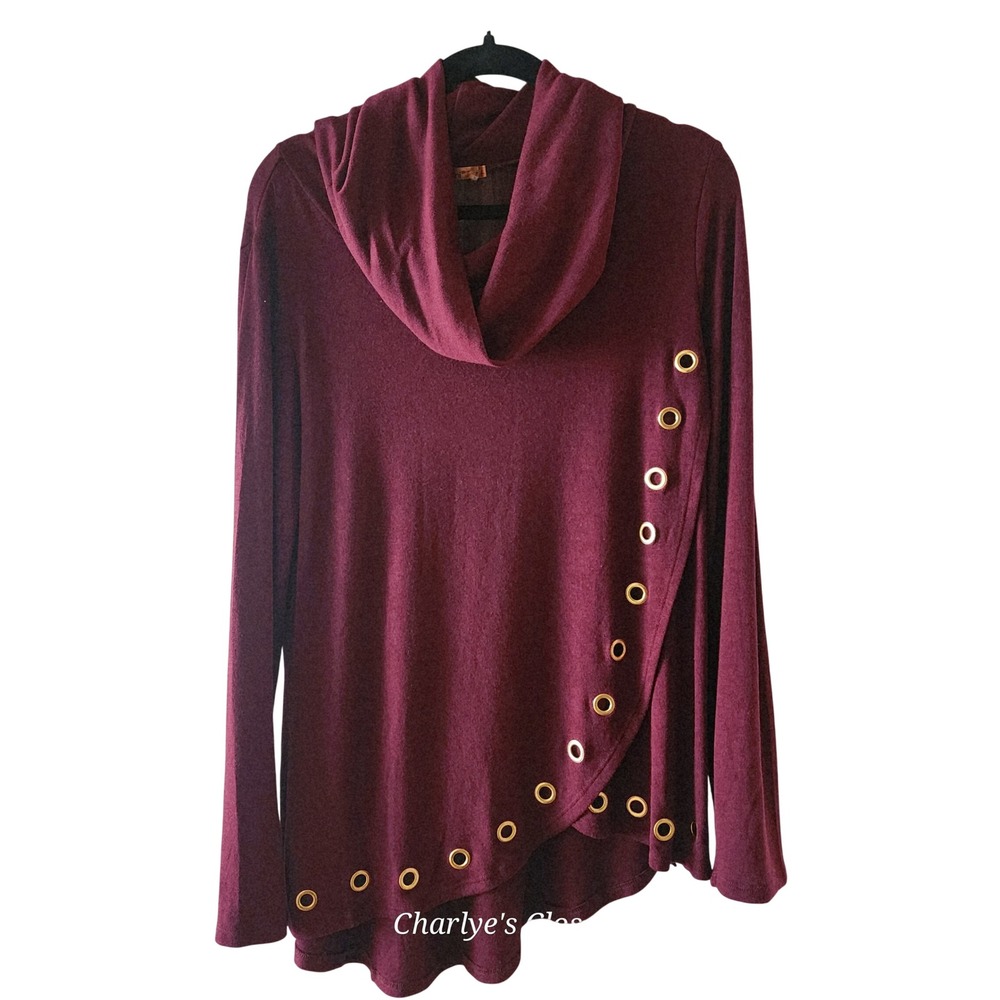 Belldini L Burgundy Knit Asymmetric Grommet Tunic Whimsigoth Indie Moto Top